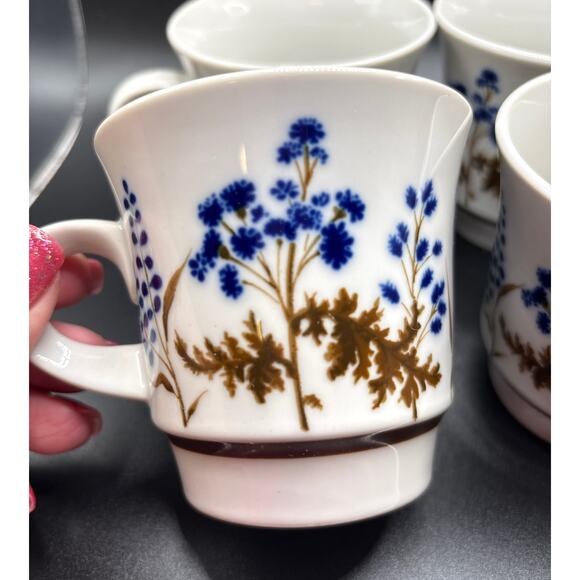 Noritake Winsome Mugs Set of Four Stoneware Blue Brown Wildflower Design Vintage - Picture 3 of 6